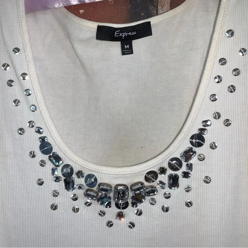Express Rhinestone Embellished Ribbed White Tank Top - Medium - Picture 3 of 6